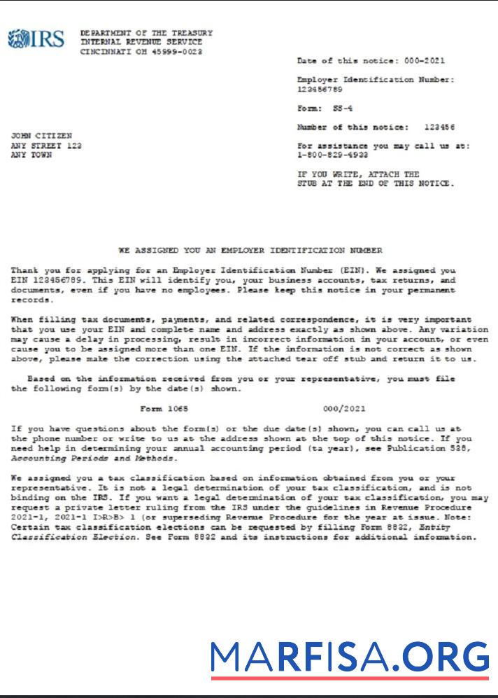 Printable USA INTERNAL REVENUE SERVICE (IRS) Employer Identification Number (EIN) business registration download for verification